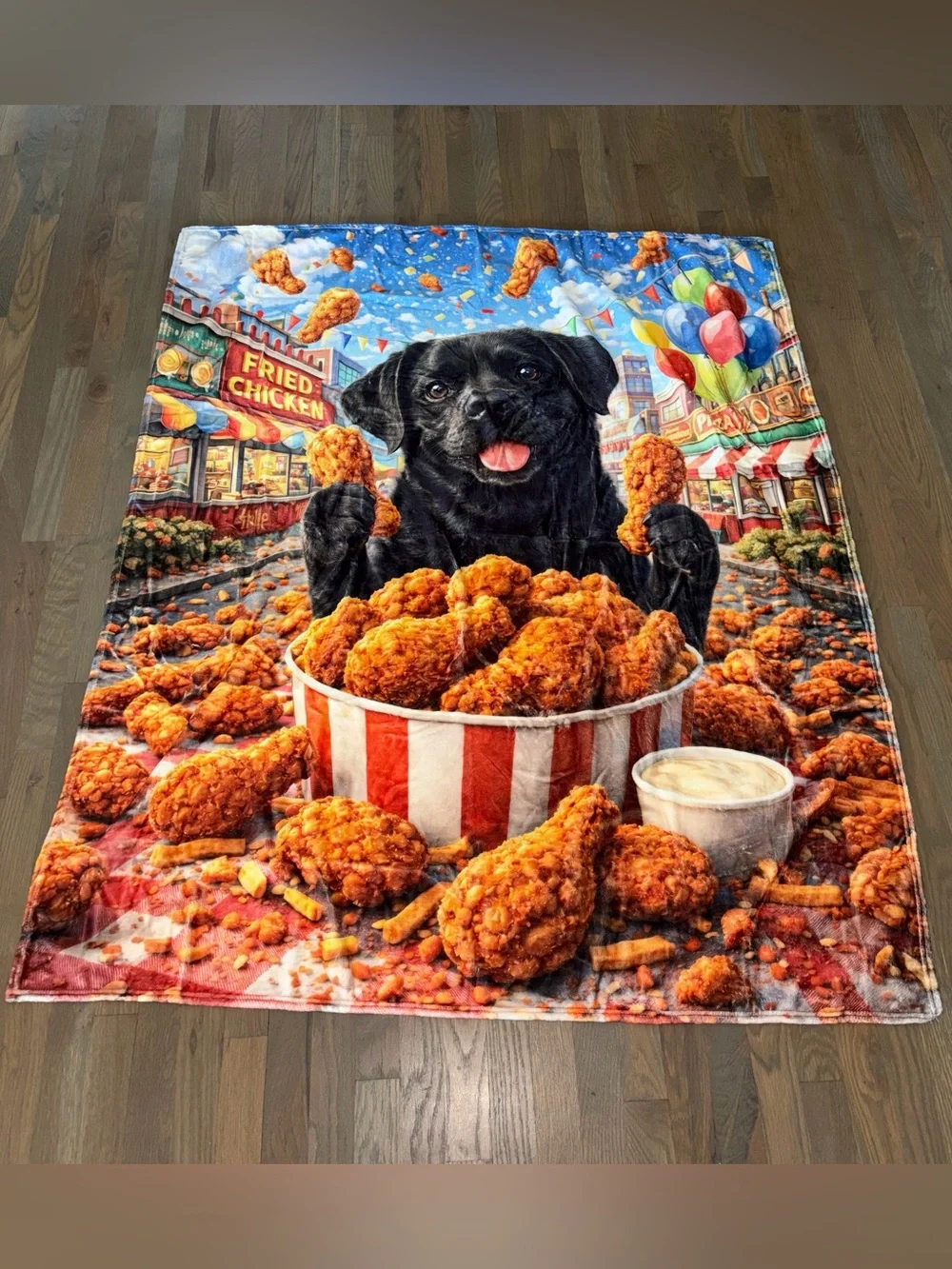 NEW 50x60 Velveteen Plush Throw Blanket Black Lab Dog Fried Chicken Foodie Soft